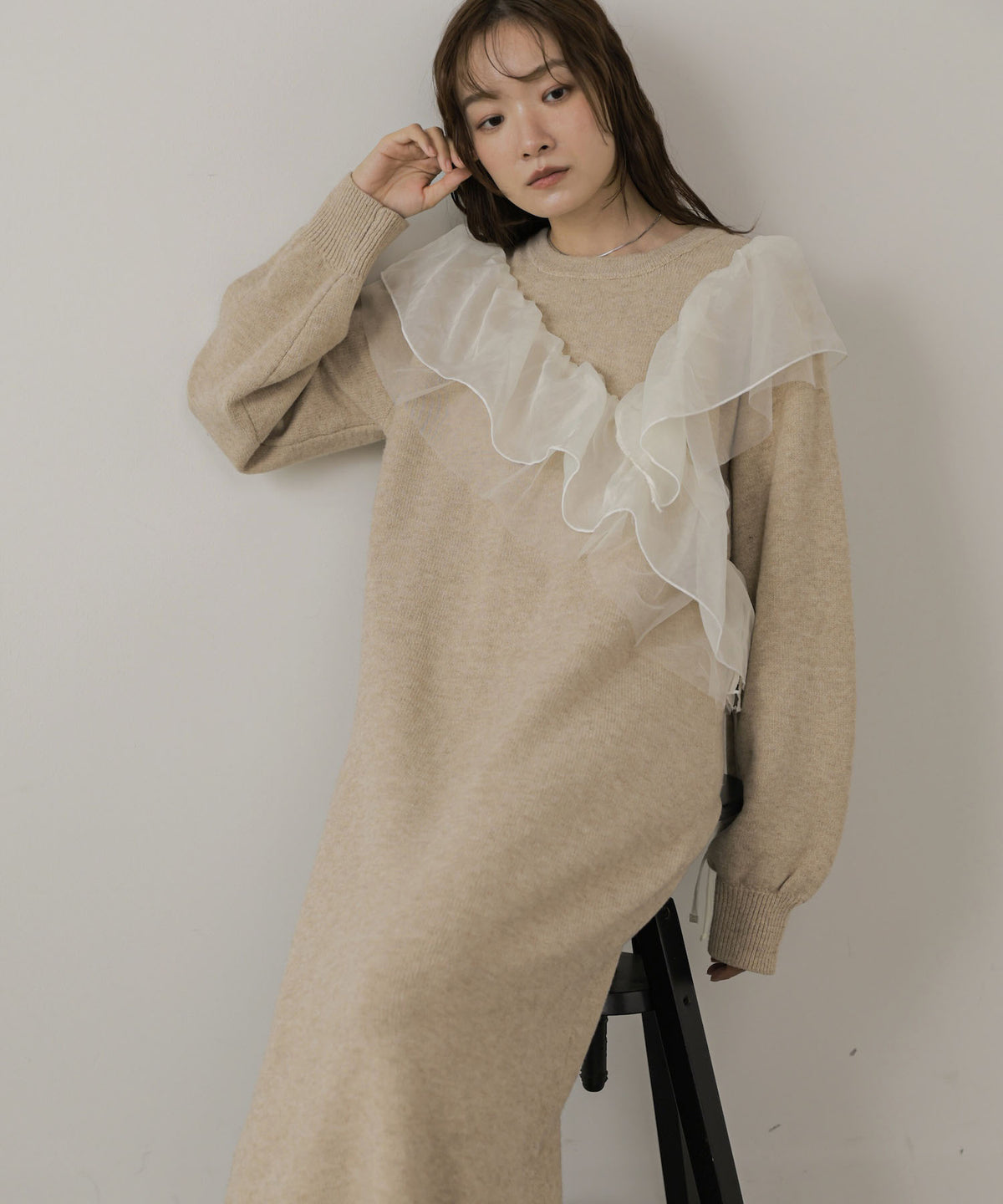 【S・Mサイズ展開】アシンメトリーフリルニットワンピース