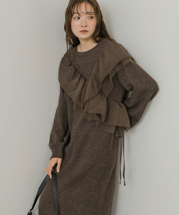 【S・Mサイズ展開】アシンメトリーフリルニットワンピース