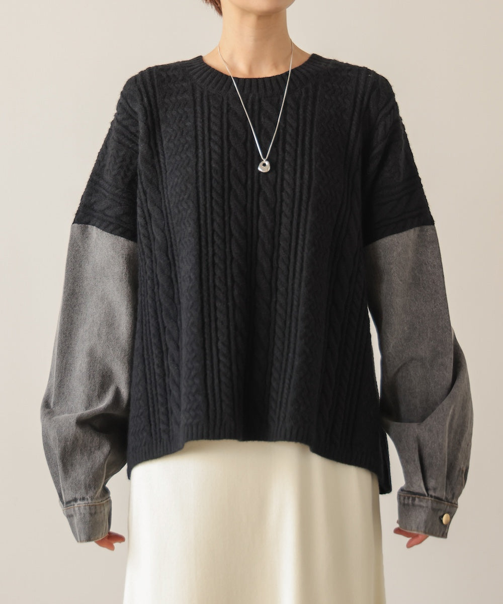 デニムコンビショート丈ケーブル柄ニットPO