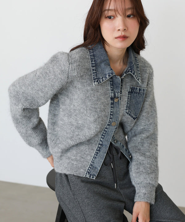 デニム切替ニットカーデ