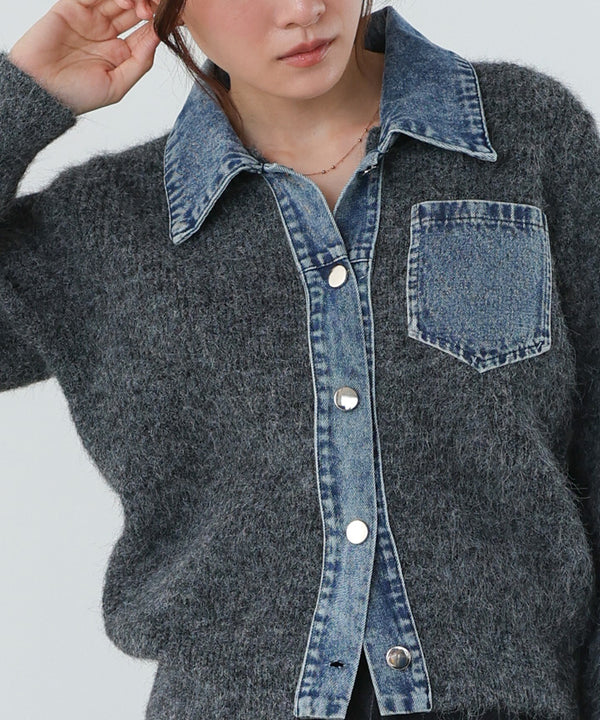 デニム切替ニットカーデ