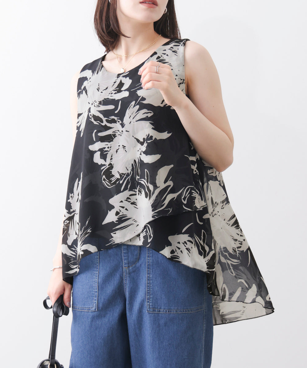 柄シフォンレイヤードタンク