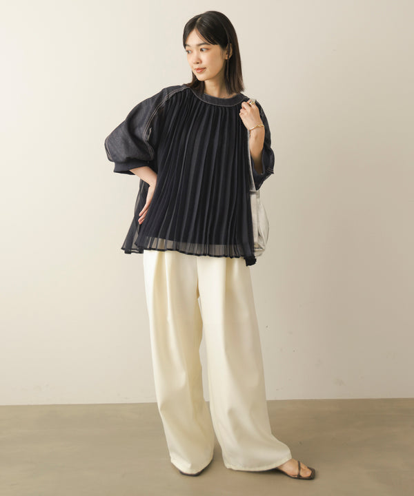 デニムシアープリーツブラウス