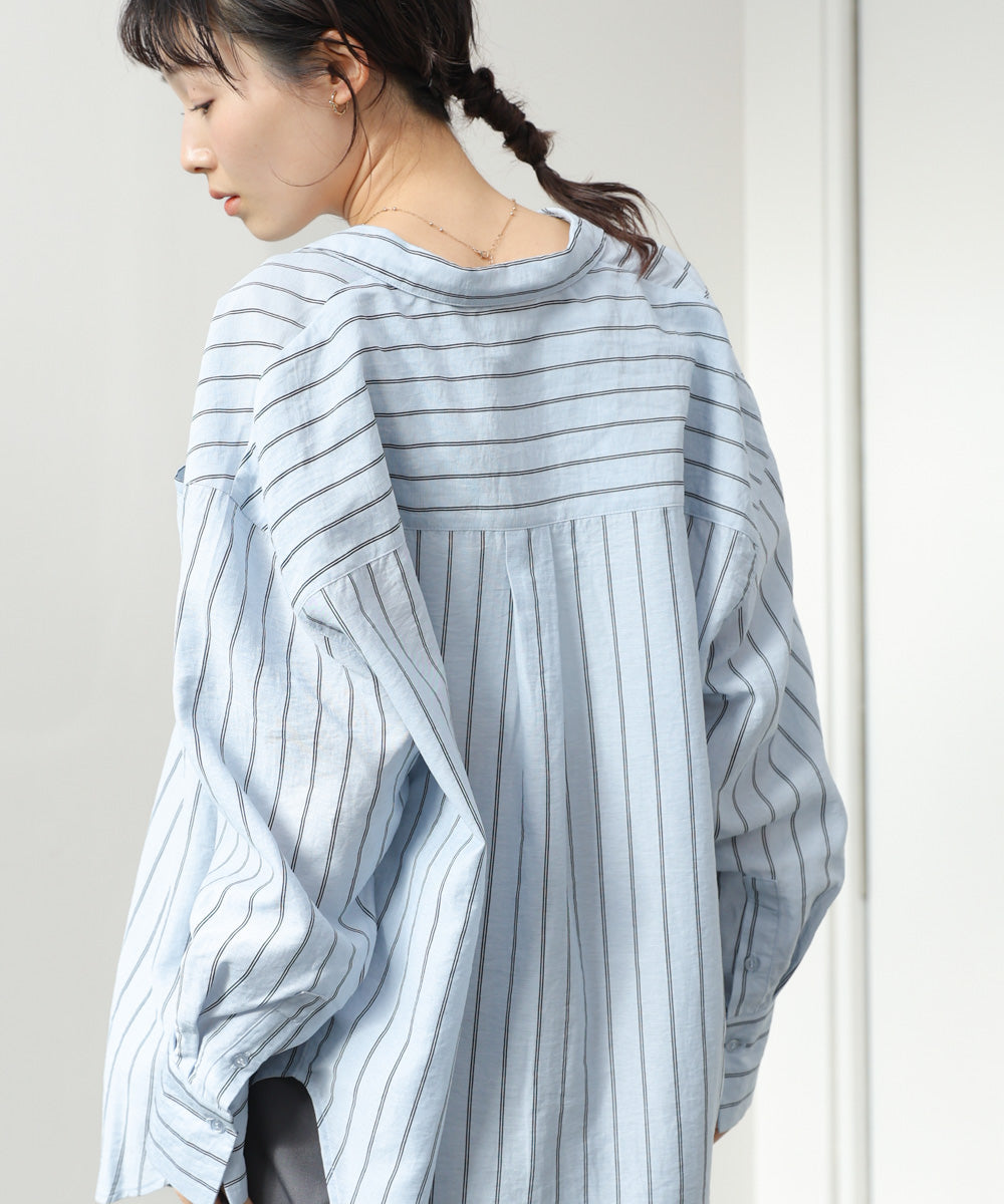 bibiy オフショルダー青白ストライプシャツ シアーストライプシャツ