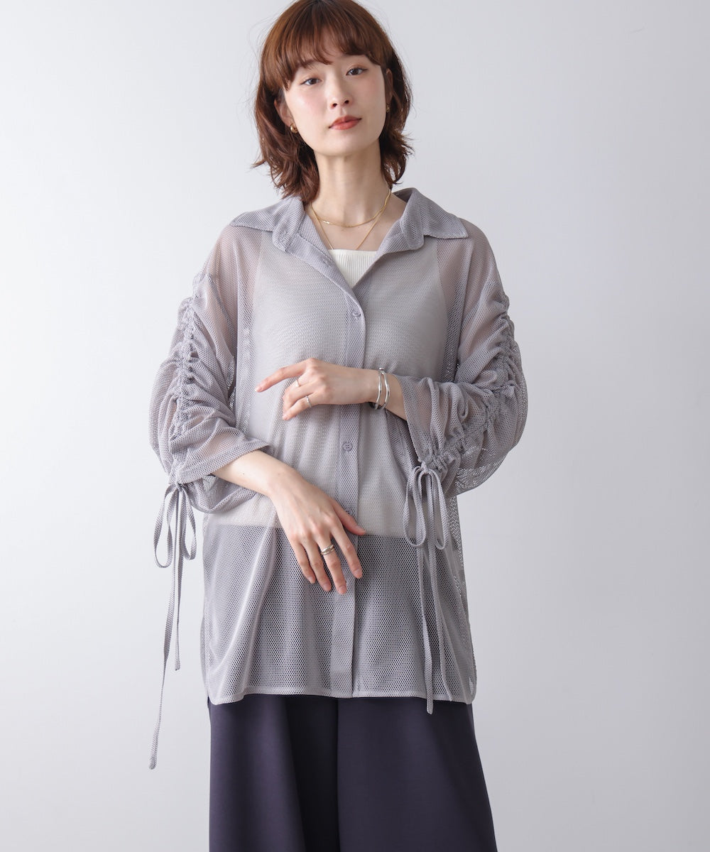 よっち195新品 裏起毛で暖か♪メッシュAラインチュニック(PU)(BL) メッシュシャツチュニック
