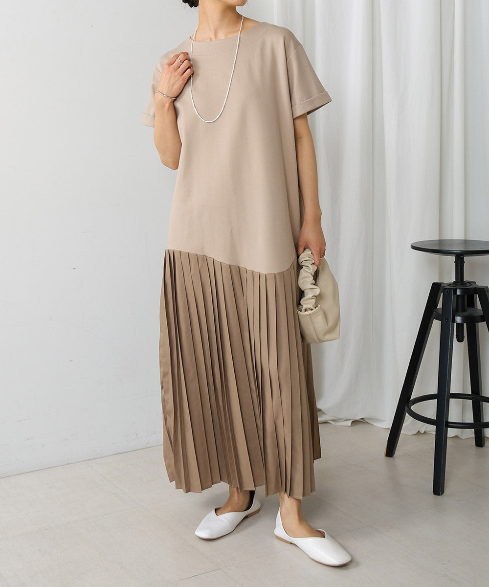 WEB限定】［サイズ展開あり］半袖裾プリーツドッキングワンピース