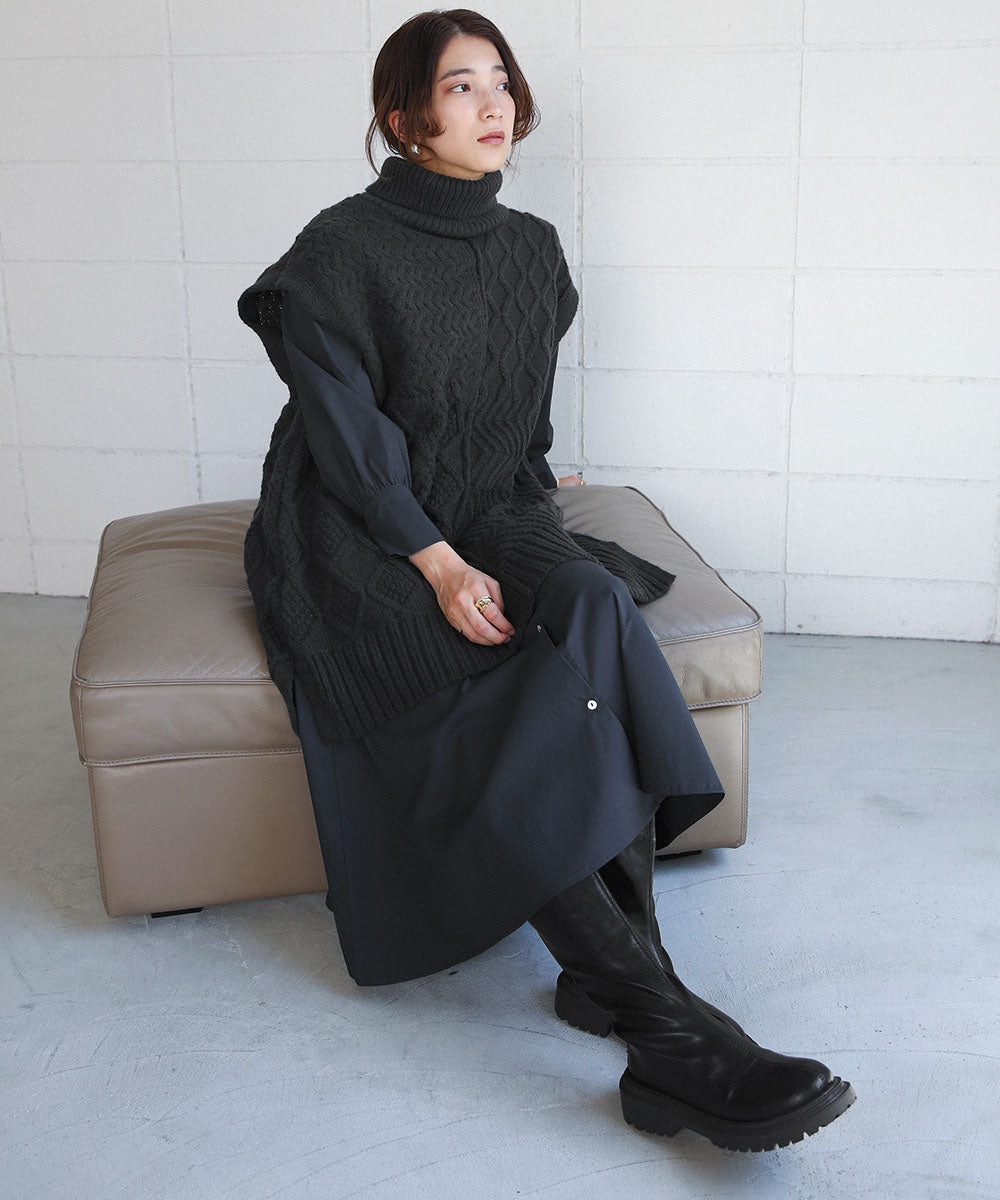BouJeloud 柄ニットトップス×裾フレアシャツワンピース