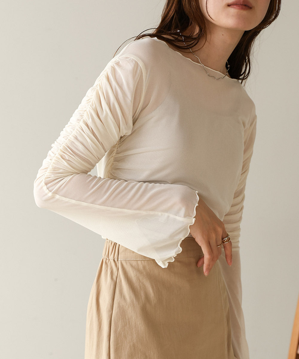 チュールギャザーフレアースリーブトップス