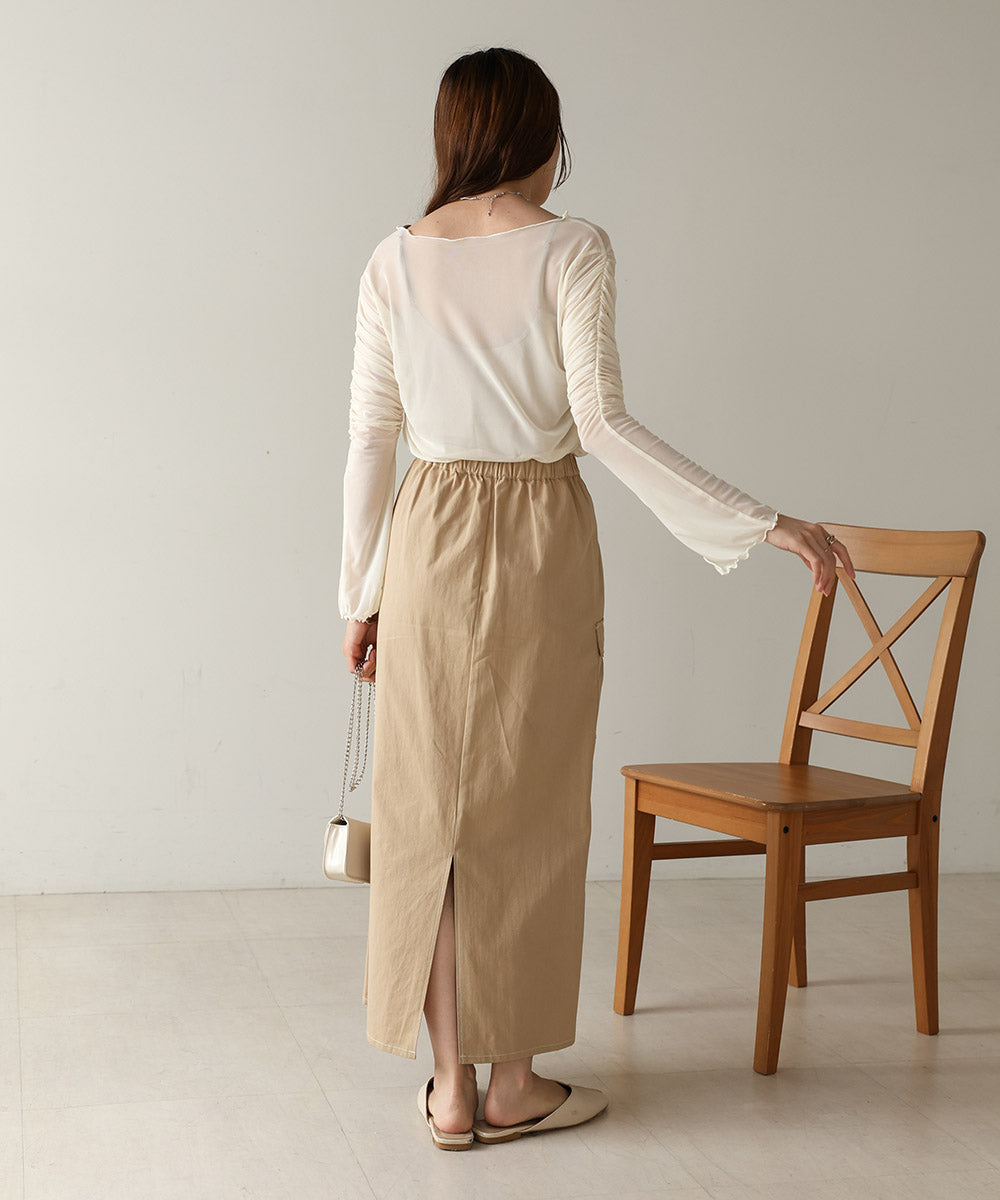 チュールギャザーフレアースリーブトップス