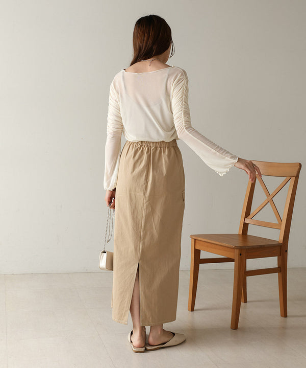 チュールギャザーフレアースリーブトップス