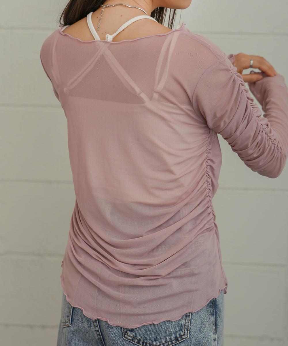 チュールギャザーフレアースリーブトップス