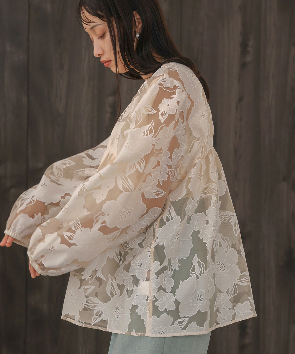 SHEER FLOWER VOLUME SLEEVE BLOUSE