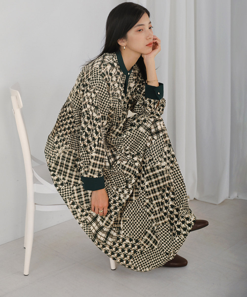 [LOOK掲載]パッチワークチェックプリーツワンピース