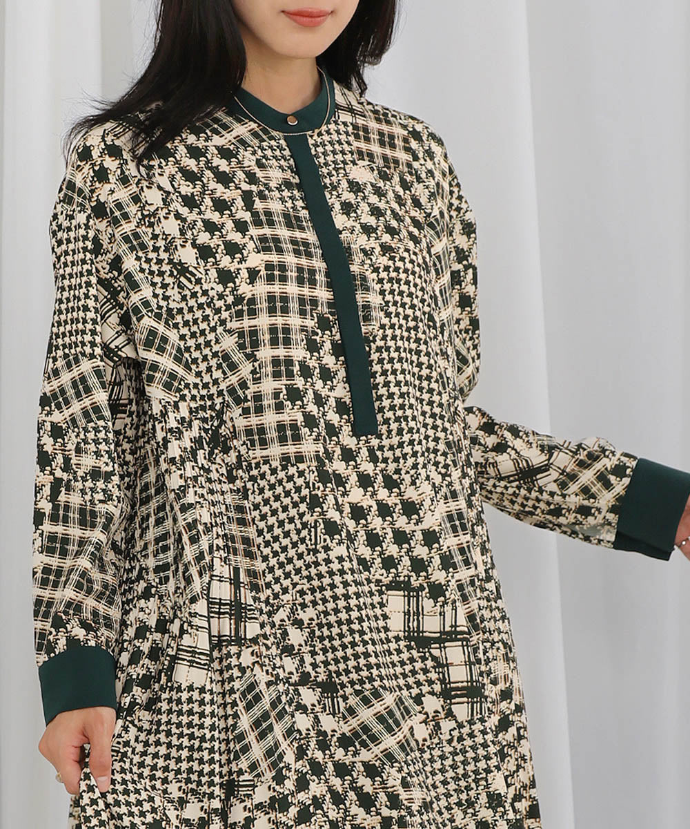 [LOOK掲載]パッチワークチェックプリーツワンピース