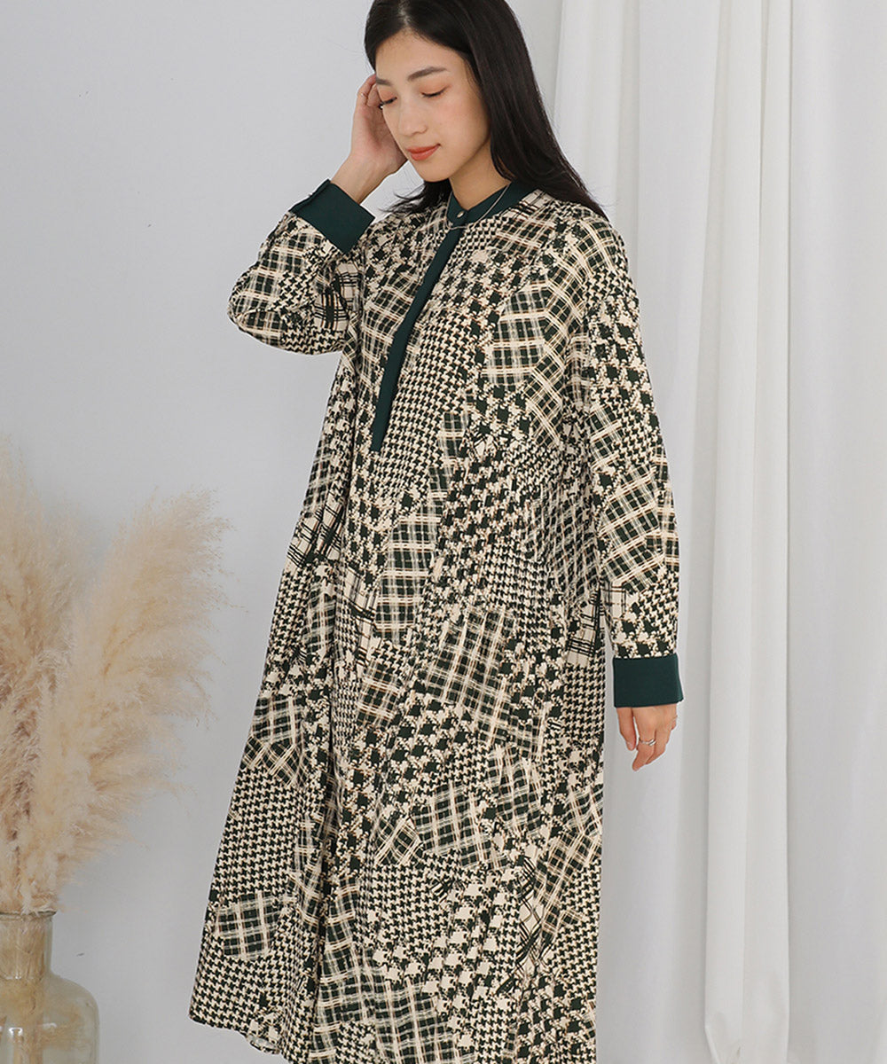 [LOOK掲載]パッチワークチェックプリーツワンピース