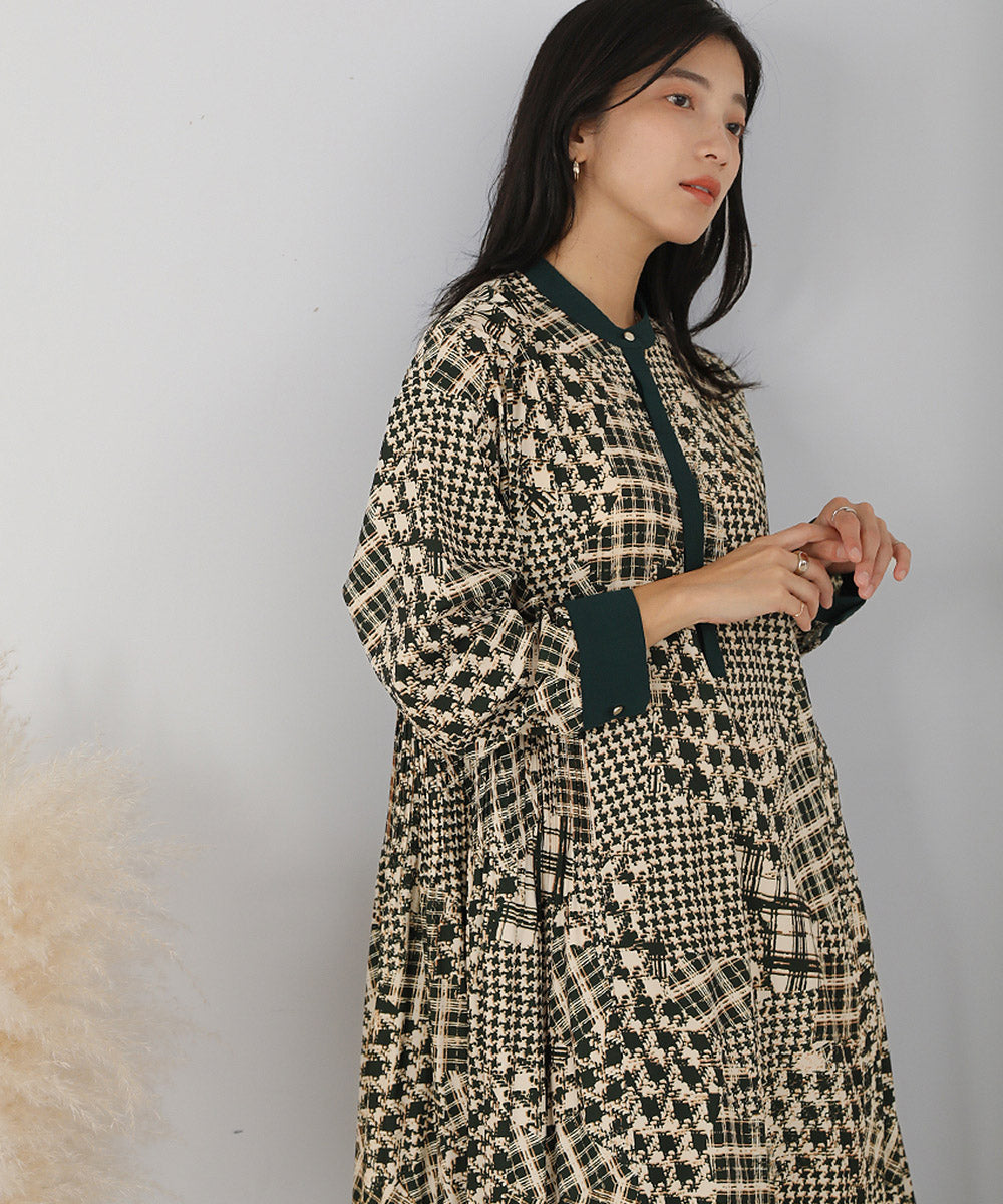 [LOOK掲載]パッチワークチェックプリーツワンピース