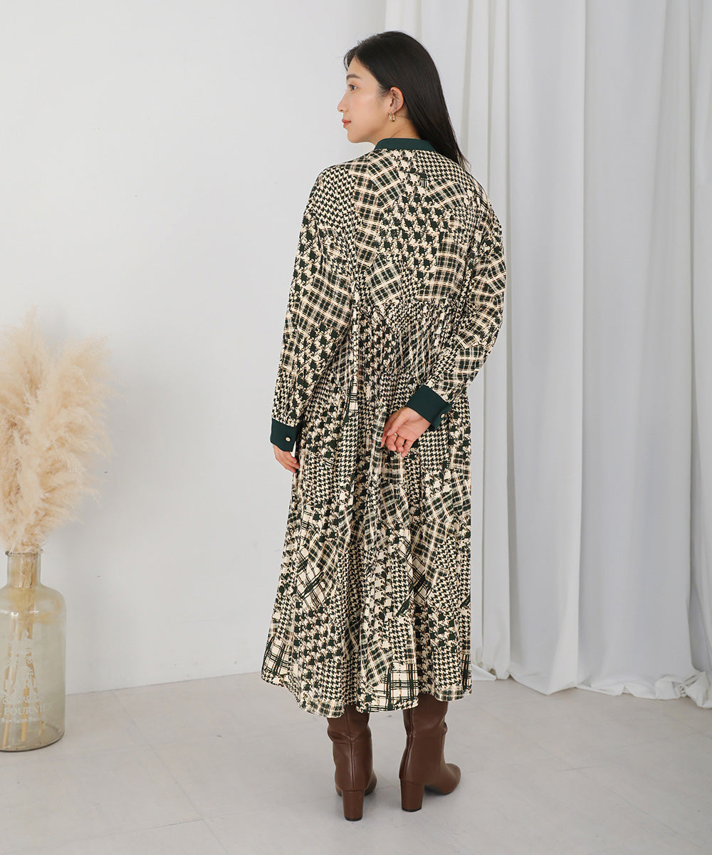[LOOK掲載]パッチワークチェックプリーツワンピース