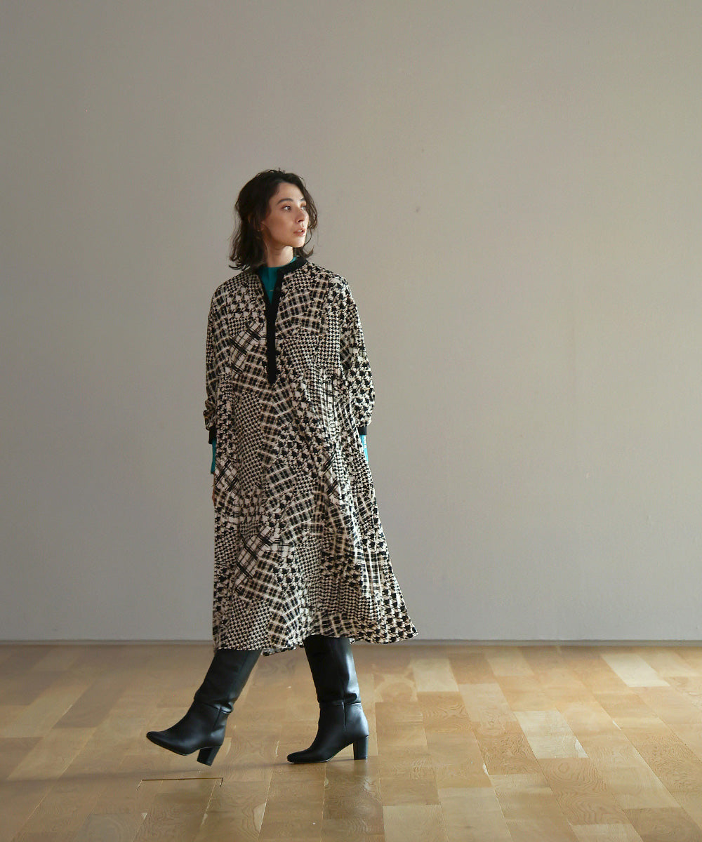 [LOOK掲載]パッチワークチェックプリーツワンピース