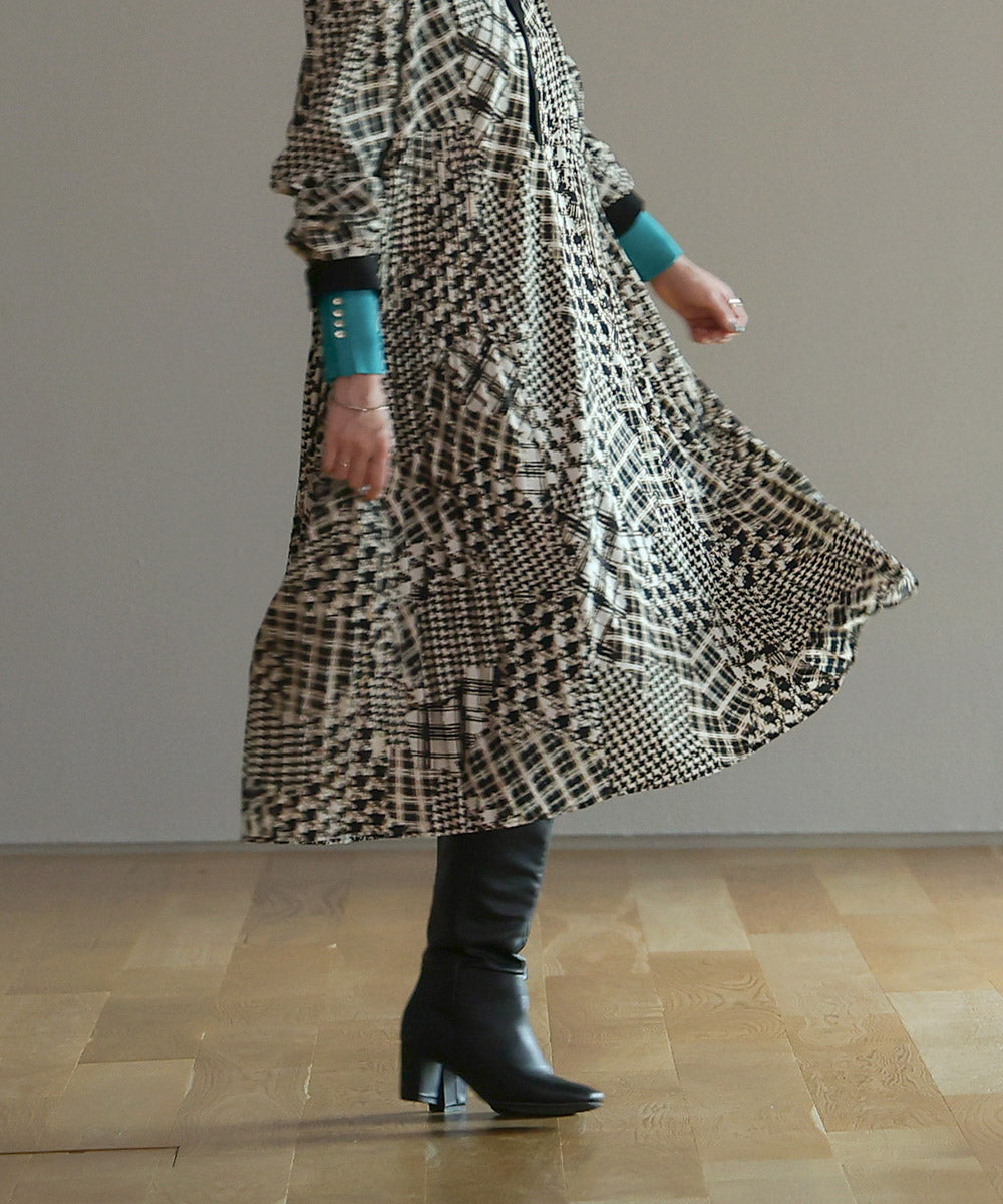 [LOOK掲載]パッチワークチェックプリーツワンピース