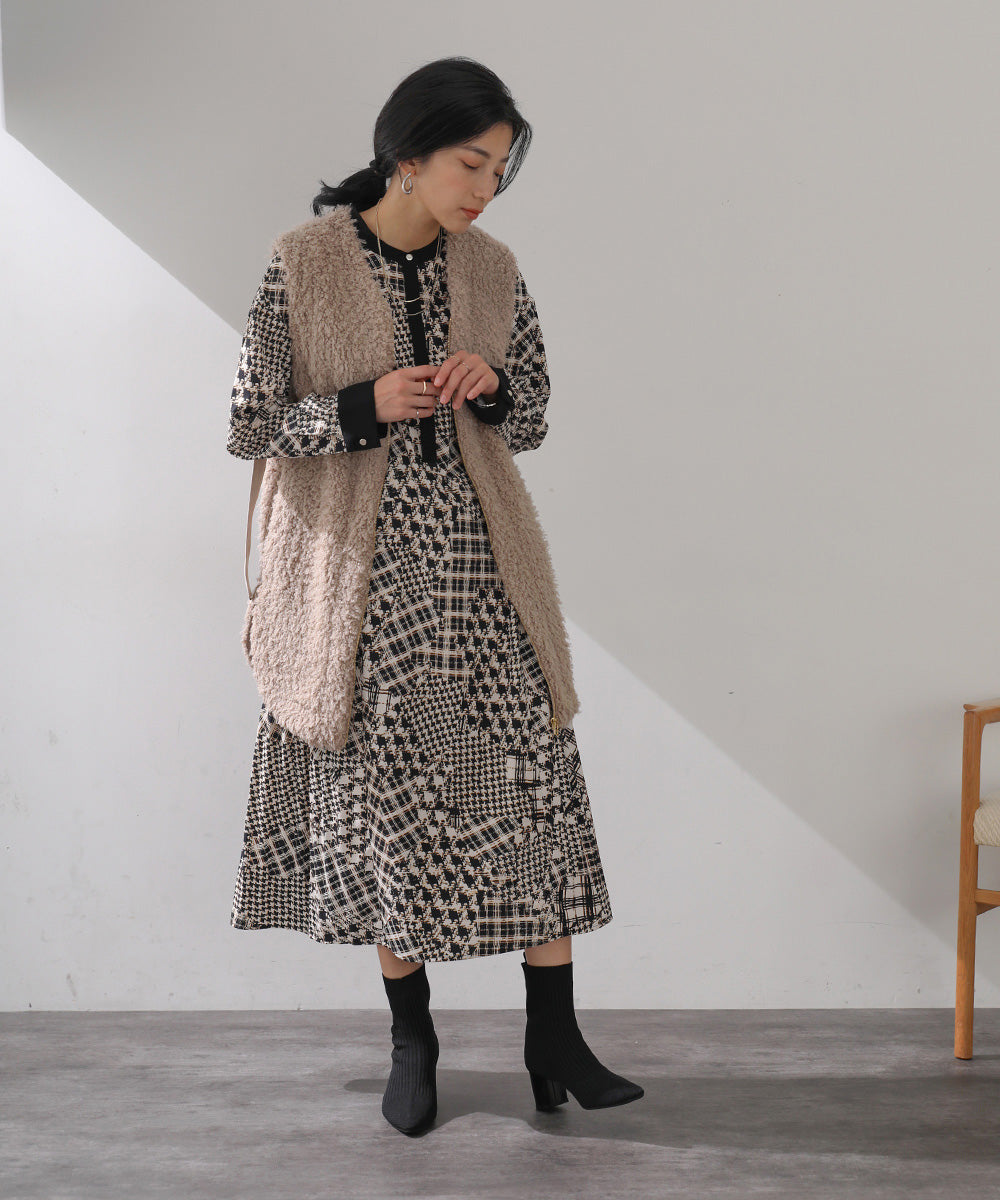 [LOOK掲載]パッチワークチェックプリーツワンピース