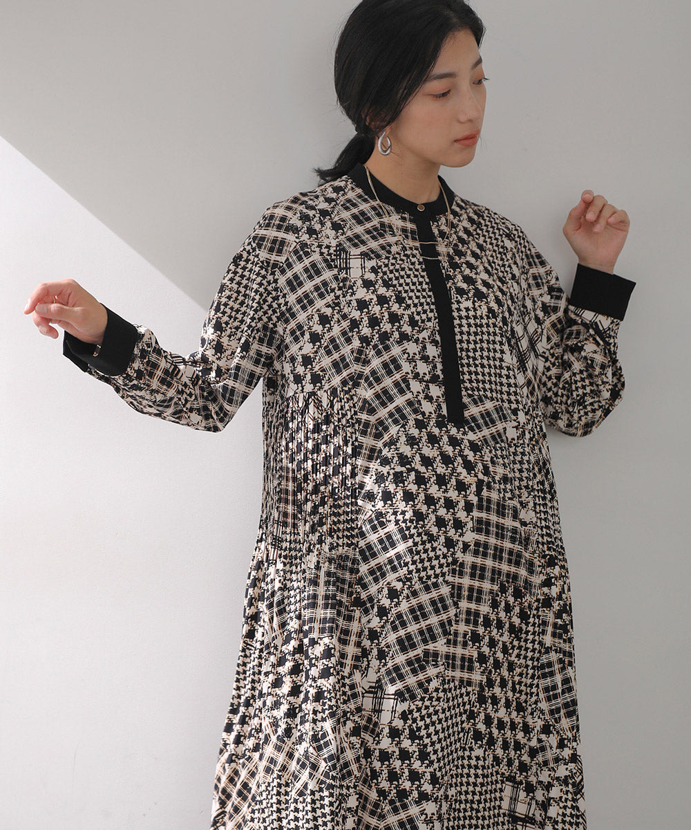 [LOOK掲載]パッチワークチェックプリーツワンピース
