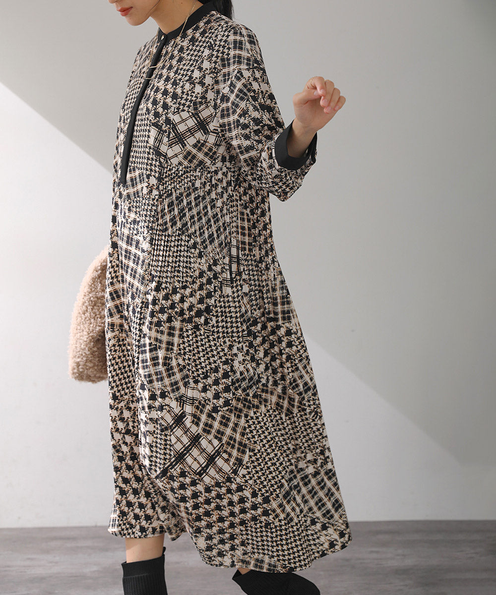 [LOOK掲載]パッチワークチェックプリーツワンピース