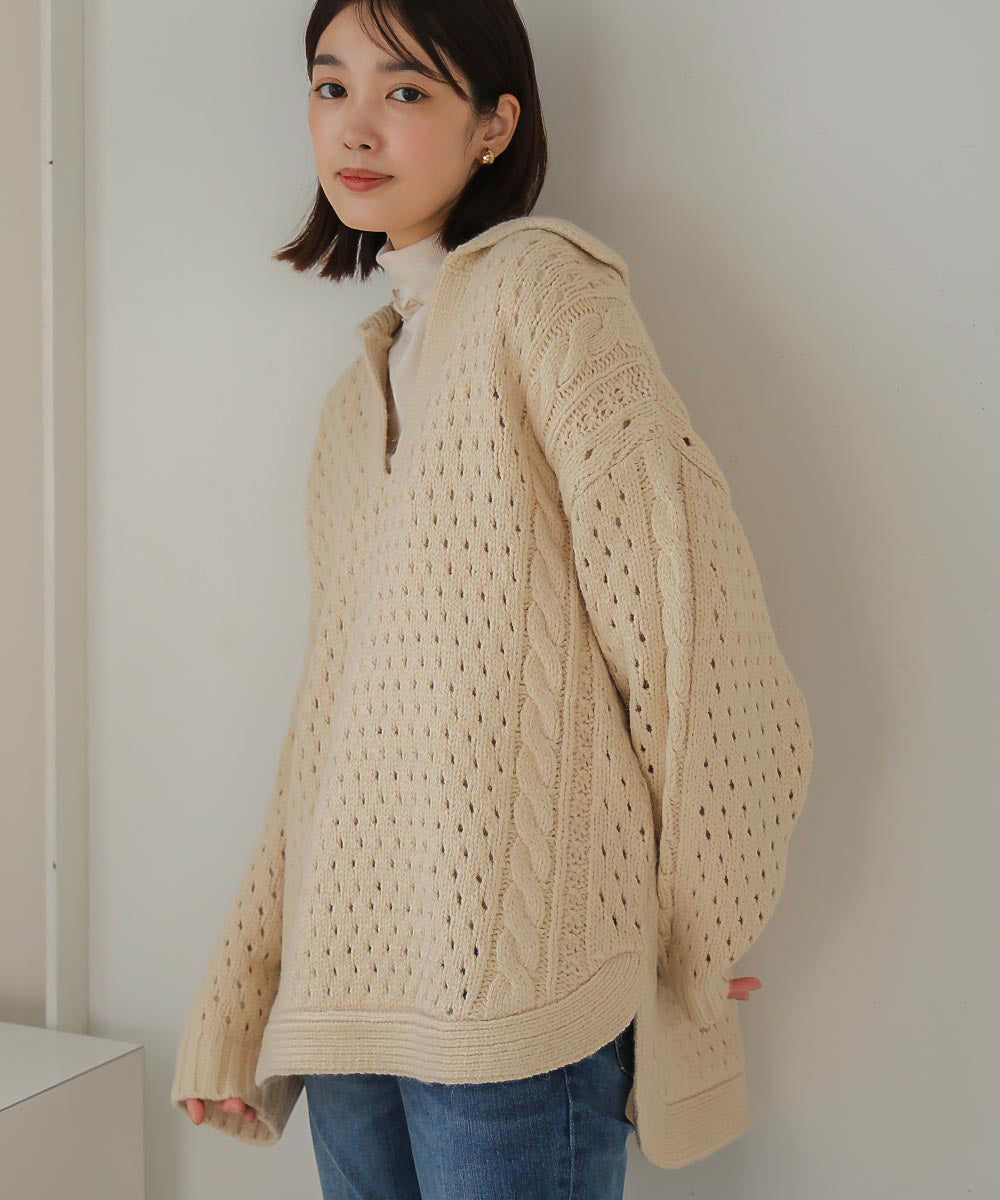 [WEB限定]衿付きケーブルニット