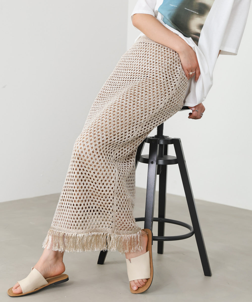 【セットアップ対応】スパンコールメッシュフリンジスカート