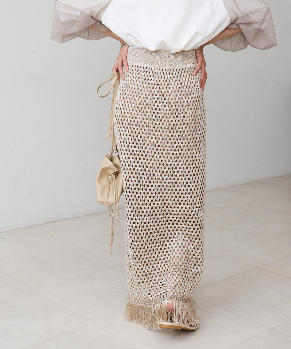 【セットアップ対応】スパンコールメッシュフリンジスカート