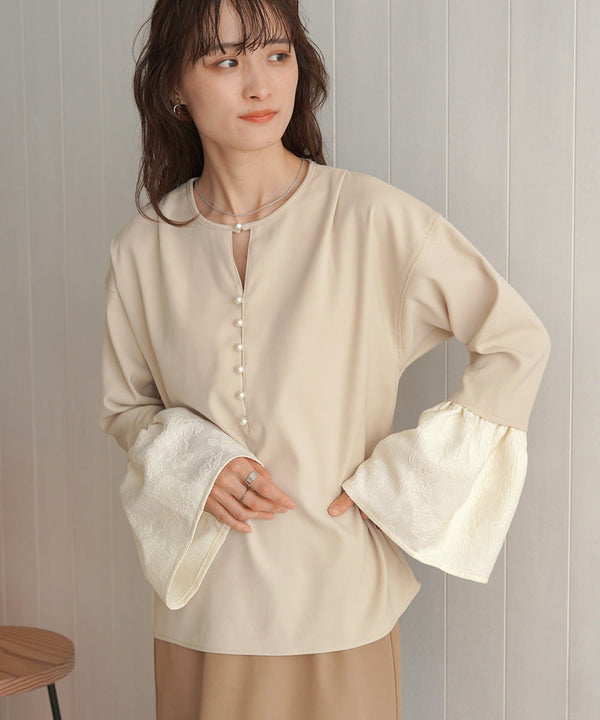 【オケージョンドレス/結婚式/SET ITEM/裏地付き】袖フレアジャガードブラウス