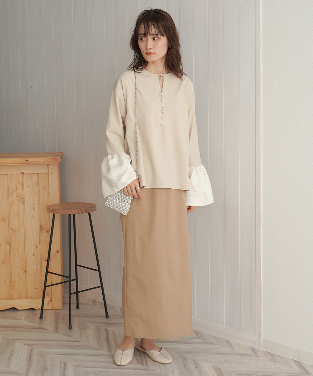 【オケージョンドレス/結婚式/SET ITEM/裏地付き】袖フレアジャガードブラウス