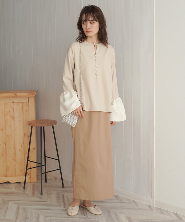 【オケージョンドレス/結婚式/SET ITEM/裏地付き】袖フレアジャガードブラウス