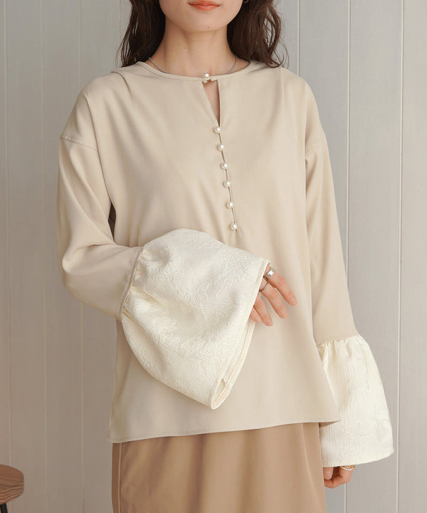 【オケージョンドレス/結婚式/SET ITEM/裏地付き】袖フレアジャガードブラウス