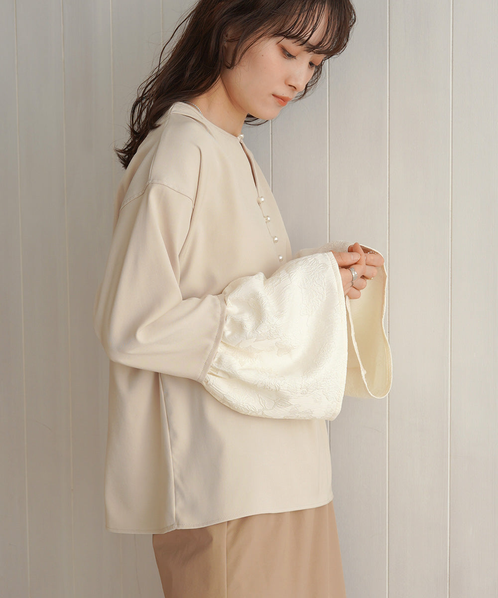 【オケージョンドレス/結婚式/SET ITEM/裏地付き】袖フレアジャガードブラウス