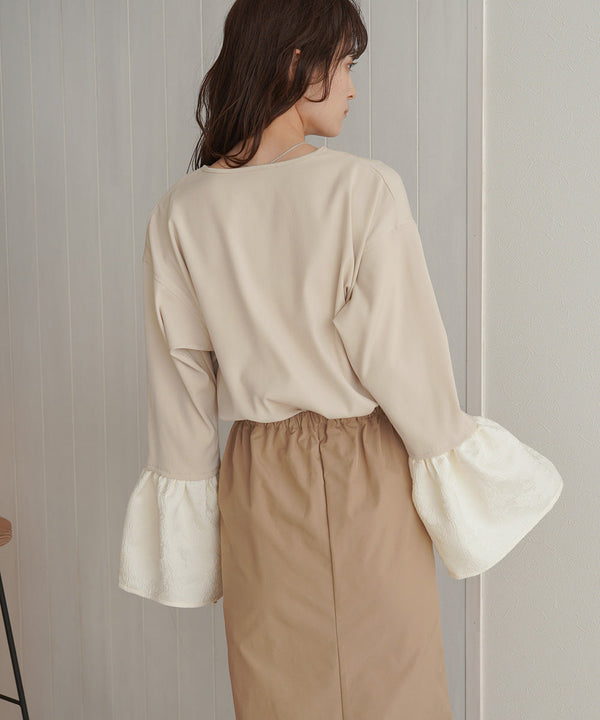 【オケージョンドレス/結婚式/SET ITEM/裏地付き】袖フレアジャガードブラウス