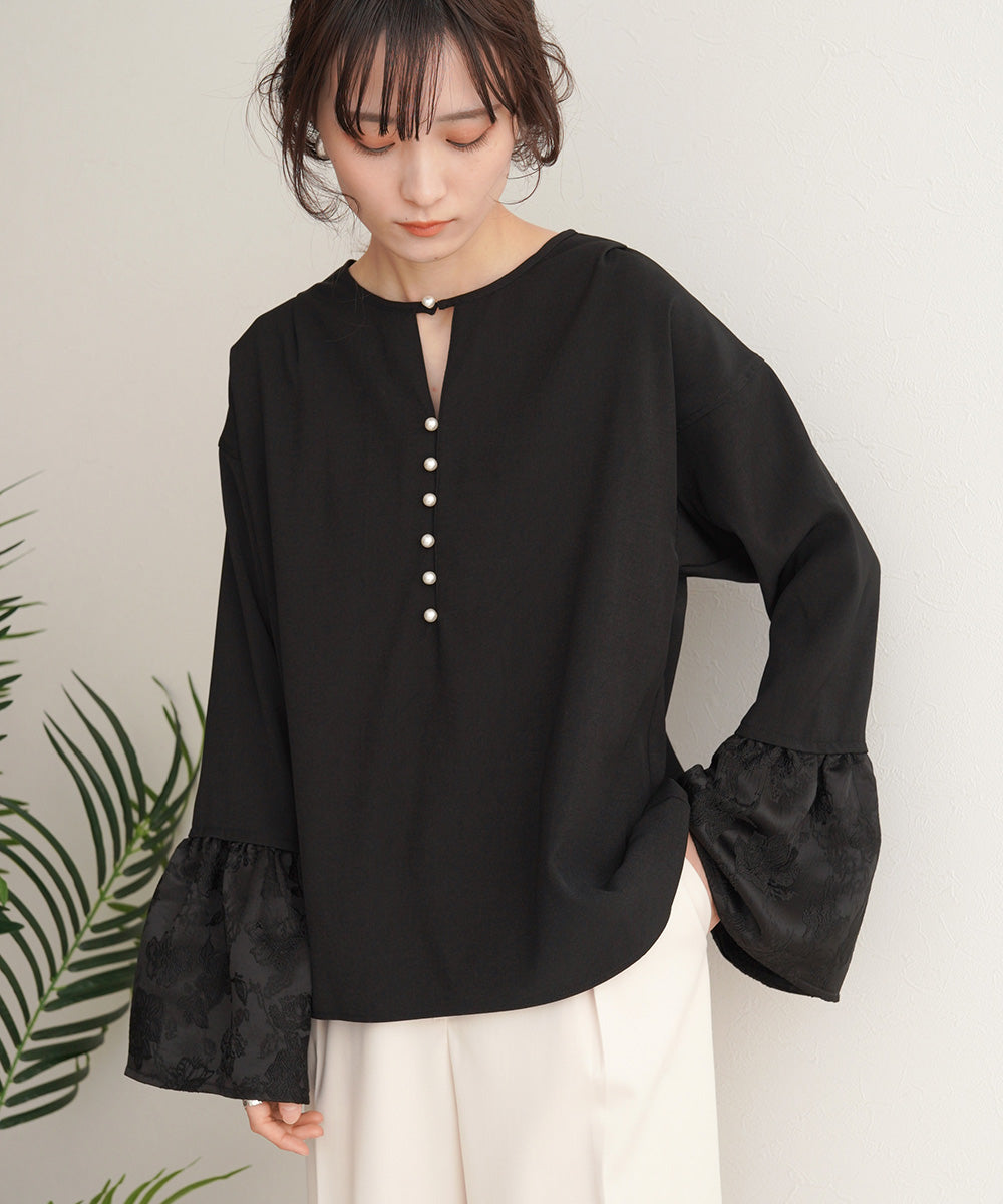 【オケージョンドレス/結婚式/SET ITEM/裏地付き】袖フレアジャガードブラウス