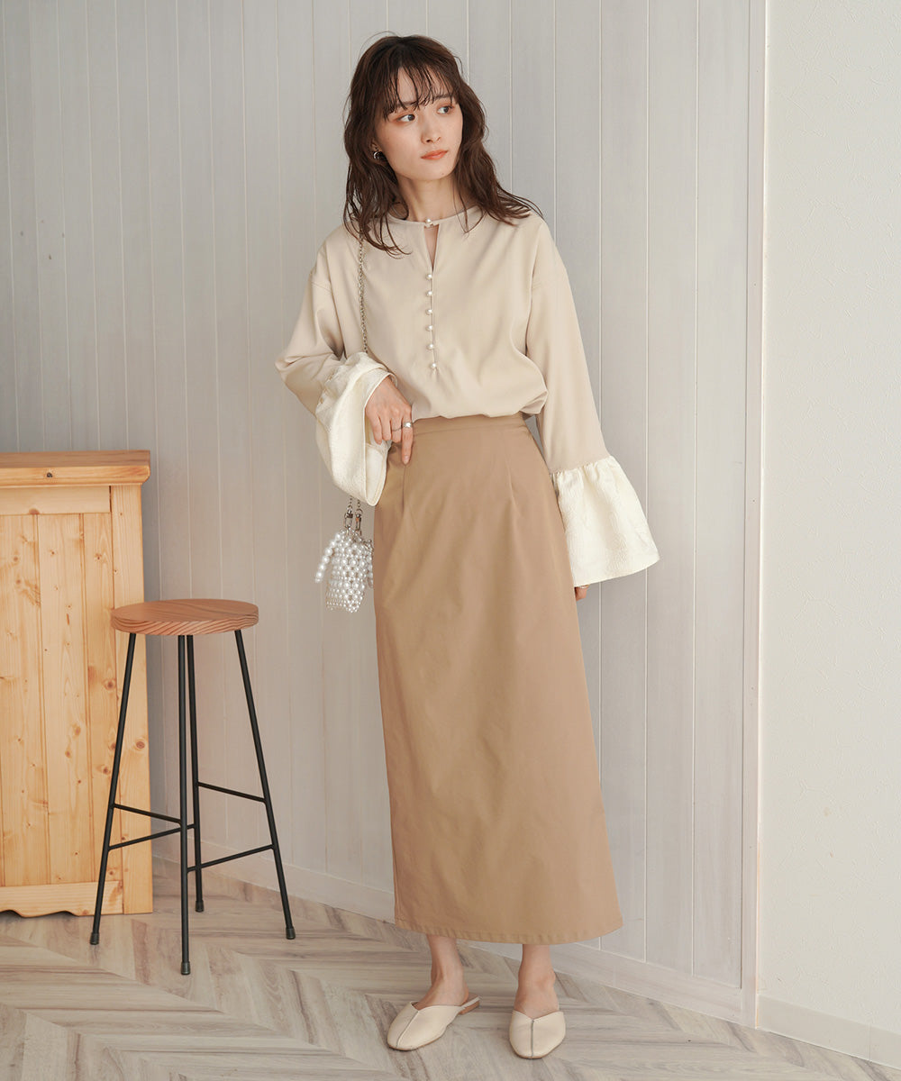 【オケージョンドレス/結婚式/SET ITEM/裏地付き】袖フレアジャガードブラウス