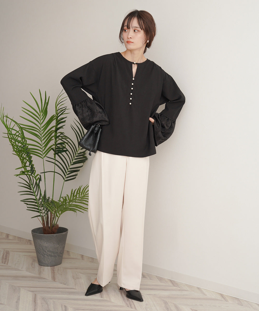 【オケージョンドレス/結婚式/SET ITEM/裏地付き】袖フレアジャガードブラウス