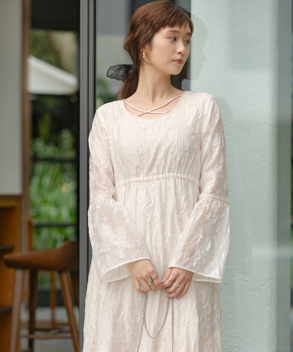 【オケージョンドレス/結婚式/2サイズ展開/SET ITEM/インナー付き/裏地付き】ジャガードフレアワンピース