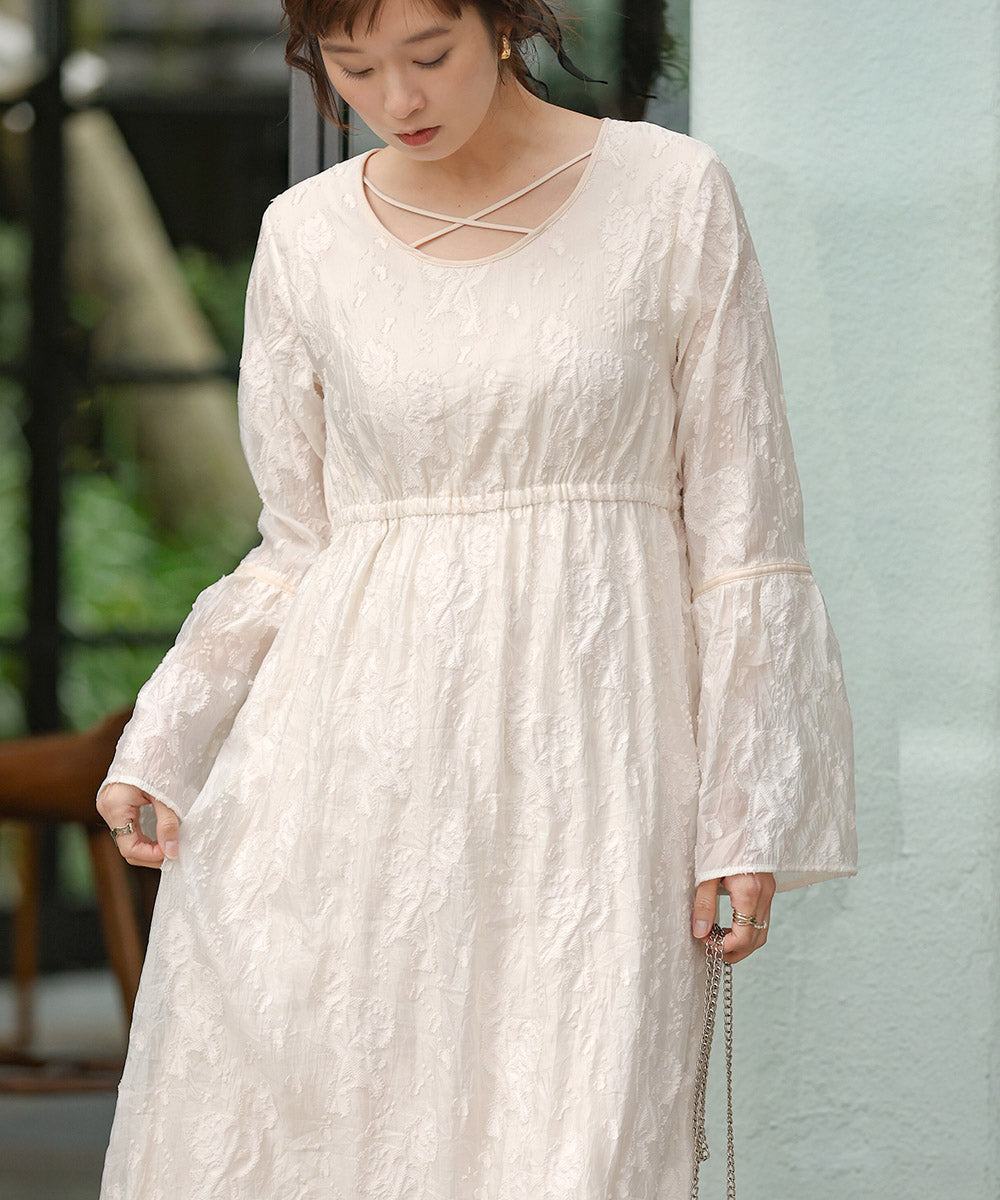 【オケージョンドレス/結婚式/2サイズ展開/SET ITEM/インナー付き/裏地付き】ジャガードフレアワンピース