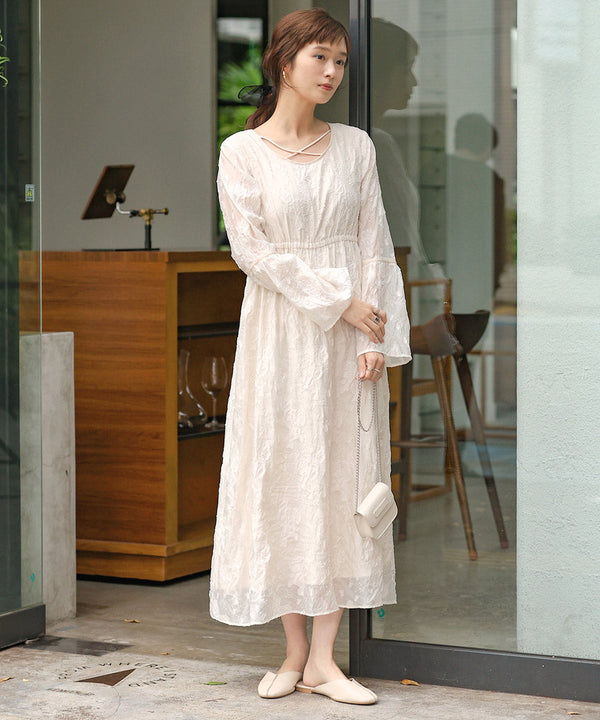 【オケージョンドレス/結婚式/2サイズ展開/SET ITEM/インナー付き/裏地付き】ジャガードフレアワンピース