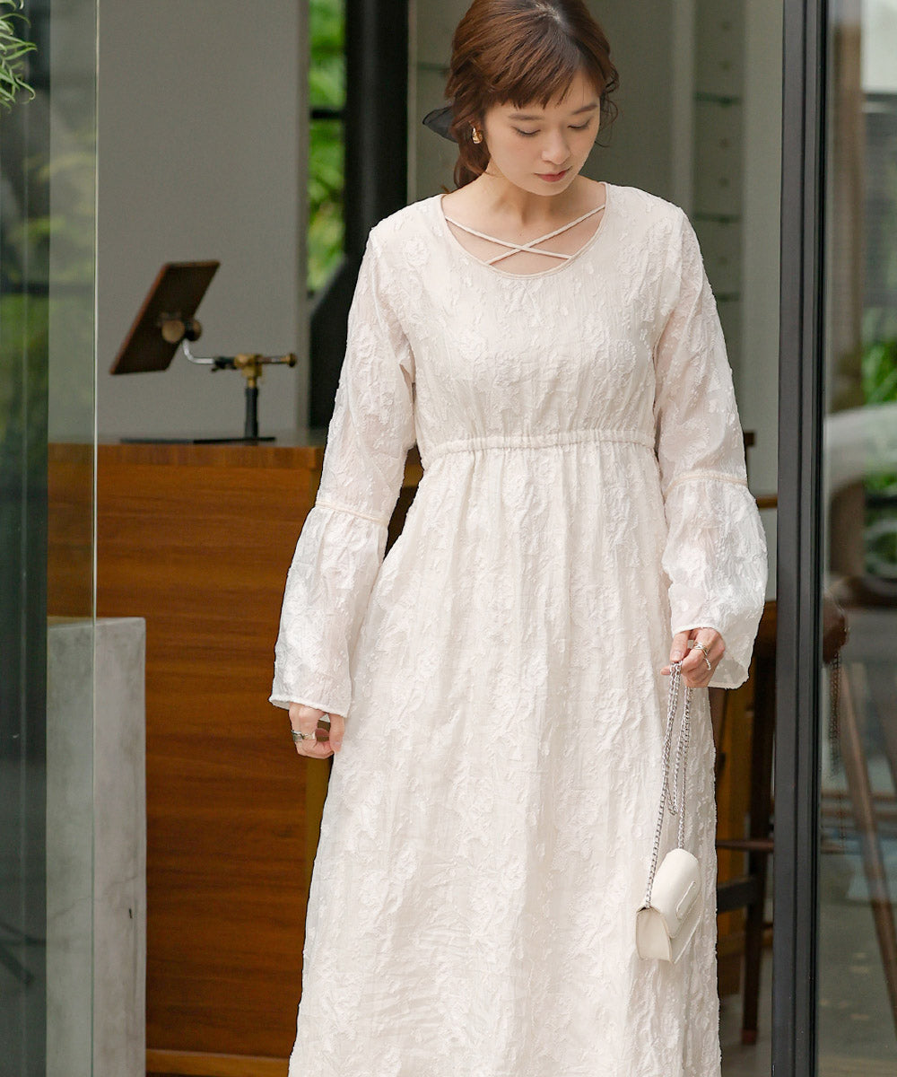 【オケージョンドレス/結婚式/2サイズ展開/SET ITEM/インナー付き/裏地付き】ジャガードフレアワンピース