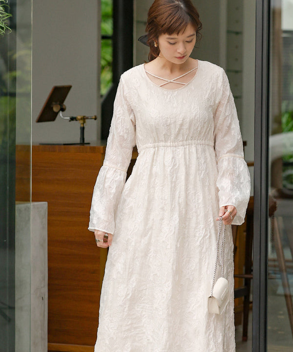 【オケージョンドレス/結婚式/2サイズ展開/SET ITEM/インナー付き/裏地付き】ジャガードフレアワンピース