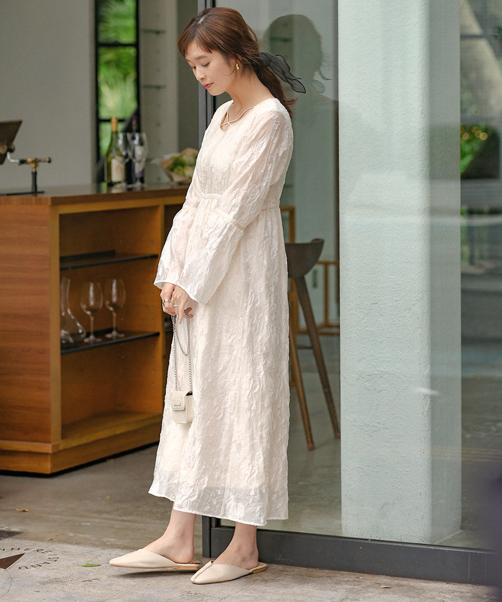 【オケージョンドレス/結婚式/2サイズ展開/SET ITEM/インナー付き/裏地付き】ジャガードフレアワンピース