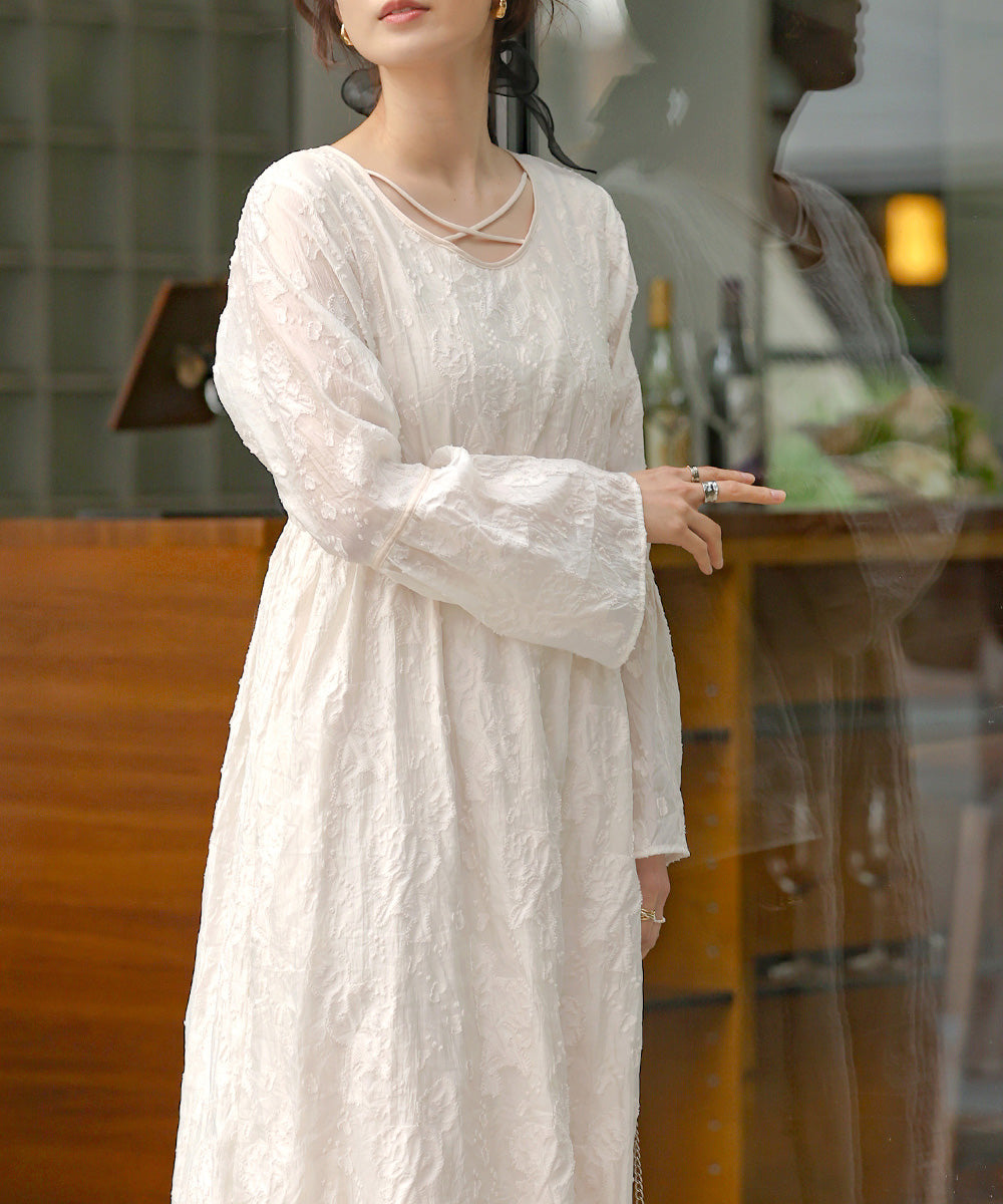 【オケージョンドレス/結婚式/2サイズ展開/SET ITEM/インナー付き/裏地付き】ジャガードフレアワンピース