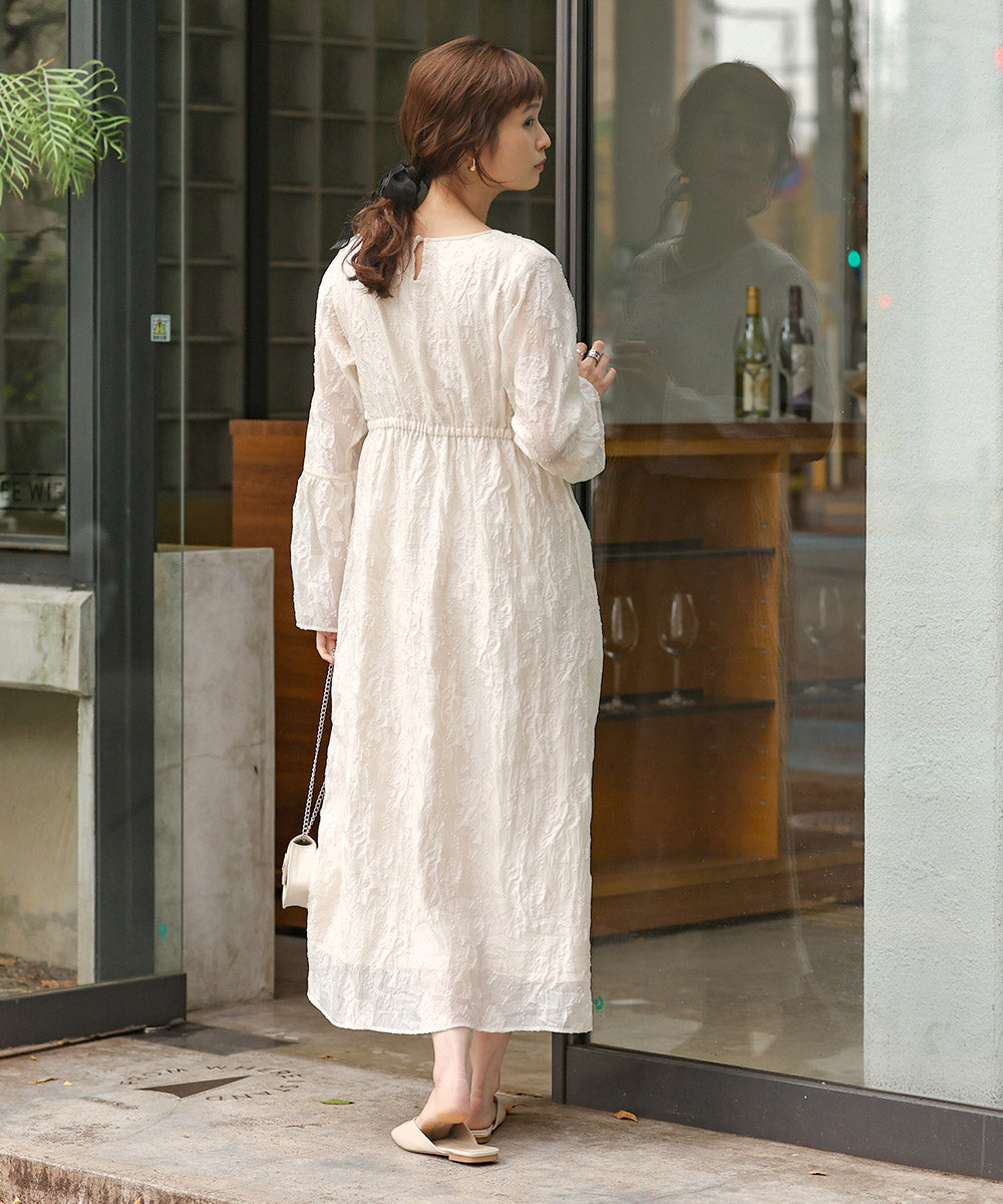 【オケージョンドレス/結婚式/2サイズ展開/SET ITEM/インナー付き/裏地付き】ジャガードフレアワンピース