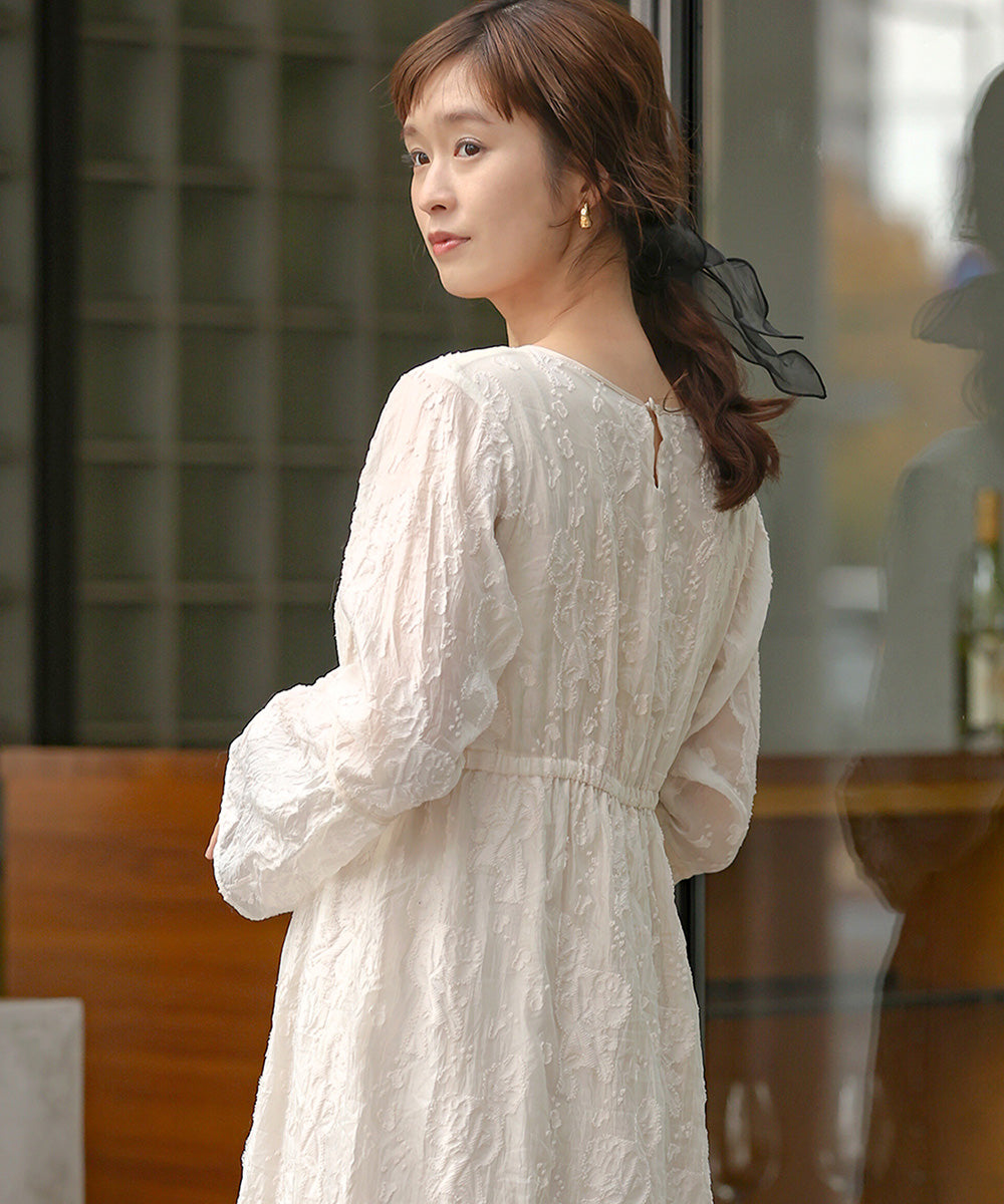 【オケージョンドレス/結婚式/2サイズ展開/SET ITEM/インナー付き/裏地付き】ジャガードフレアワンピース