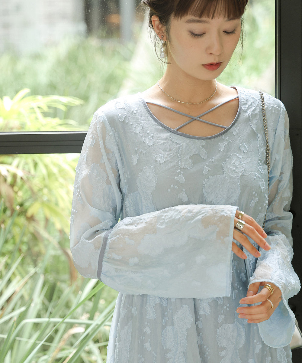 【オケージョンドレス/結婚式/2サイズ展開/SET ITEM/インナー付き/裏地付き】ジャガードフレアワンピース