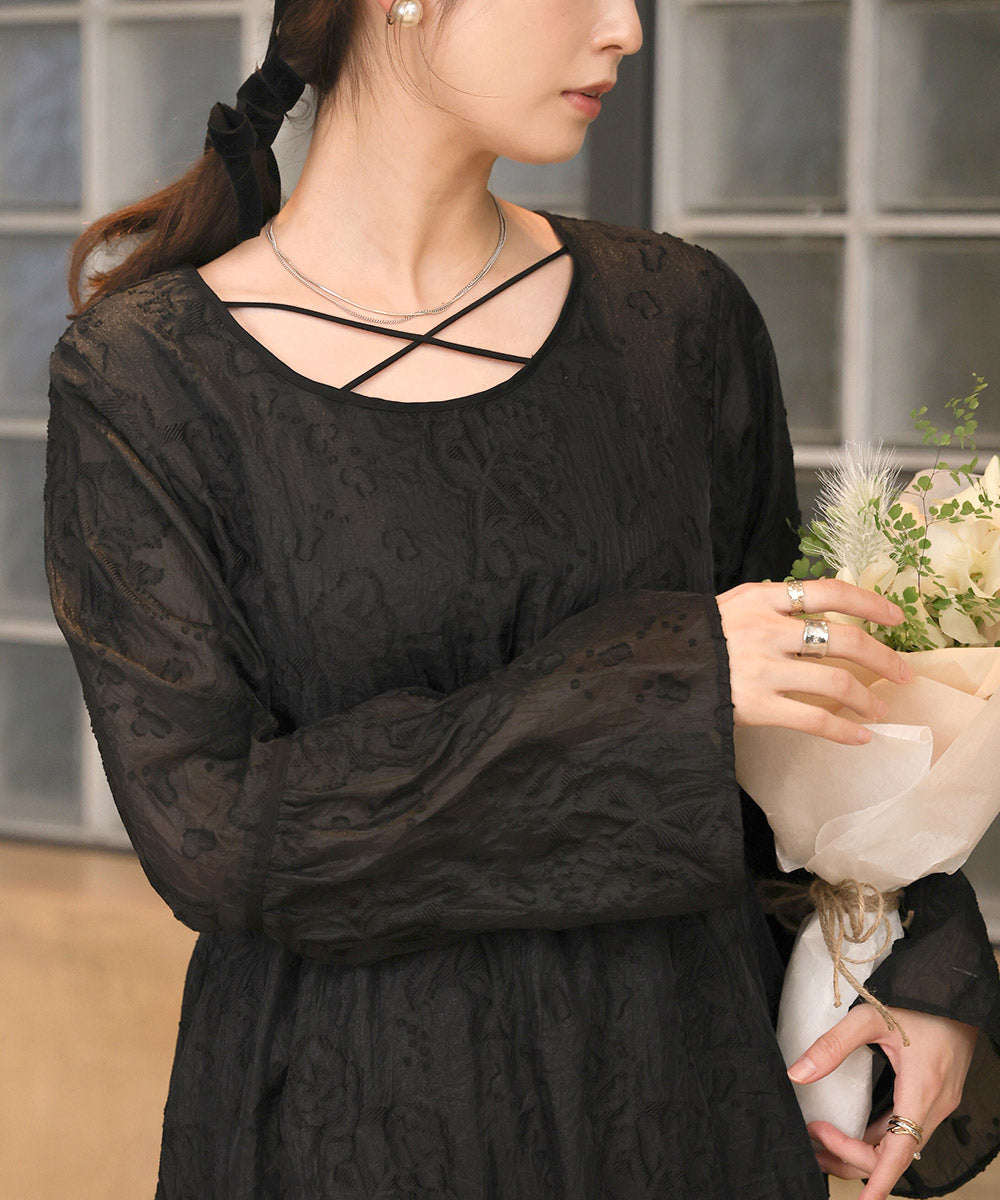 【オケージョンドレス/結婚式/2サイズ展開/SET ITEM/インナー付き/裏地付き】ジャガードフレアワンピース