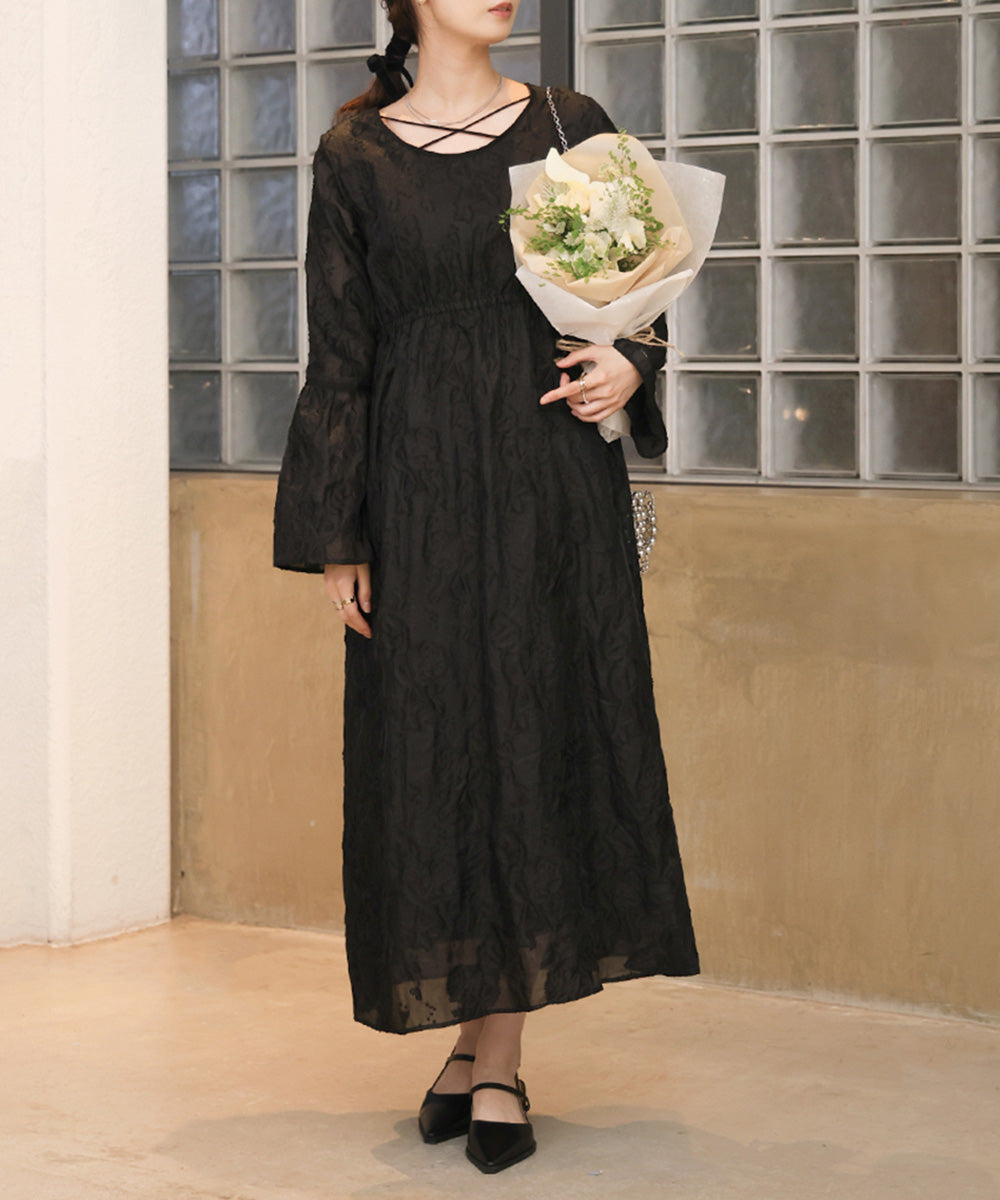 【オケージョンドレス/結婚式/2サイズ展開/SET ITEM/インナー付き/裏地付き】ジャガードフレアワンピース